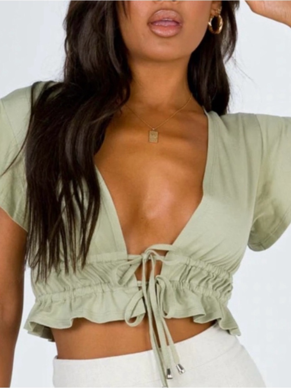 Princess Polly Sage Tie-Front Ruffle Crop Top Size 4